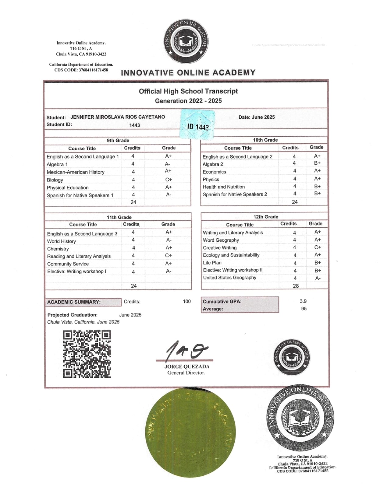 Transcript Oficial de High School — California USA